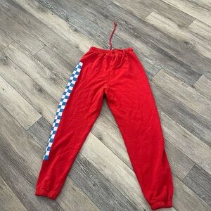 Aviator Nation Red Jogger Pants with Blue & White Check Stripe